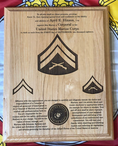 Marine Corps - NCO Promotion/Retirement Plaque - Pikes Peak Laser Creations