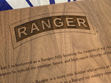 Load image into Gallery viewer, Army - Ranger Tab &amp; Creed Plaque - Pikes Peak Laser Creations
