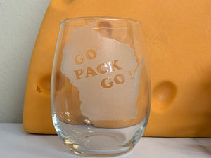 Green Bay Packers - Go Pack Go Stemless Wine Glass 17oz - Pikes Peak Laser Creations