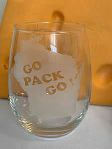 Green Bay Packers - Go Pack Go Stemless Wine Glass 17oz - Pikes Peak Laser Creations